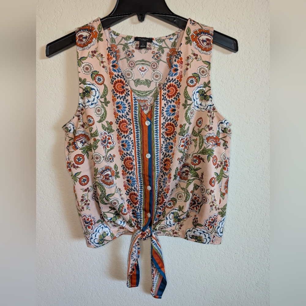 Ann Taylor Factory Boho Paisley Tie-Front Tank Top Blouse Size S Summer Festival